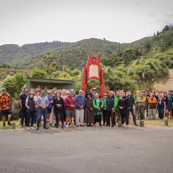  - The new waharoa installed at the start of the Orongorongo Track was blessed during an opening ceremony up at the top car park, Catchpool Valley.   At the time this photo was taken, the palisades were yet to be added to this impressive new gateway. 